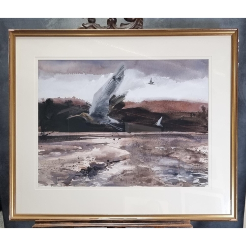 120 - David Tress (British born 1955), curlew over an estuary, possibly Laugharne, signed and dated 1989, ... 