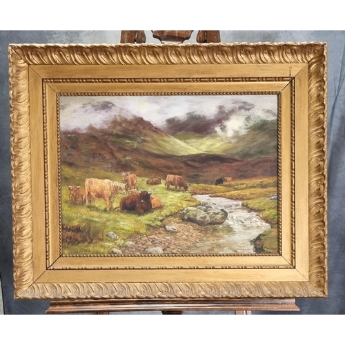 150 - A T Bowler (British early 20th century), Highland cattle in a glen, signed, oils on board.  45x60cm ... 