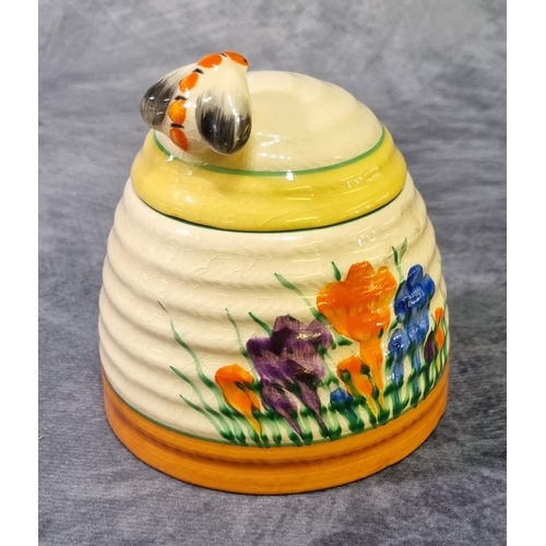 177 - Clarice Cilff Beehive preserve jar and cover, decorated in the crocus pattern. Green printed marks t... 