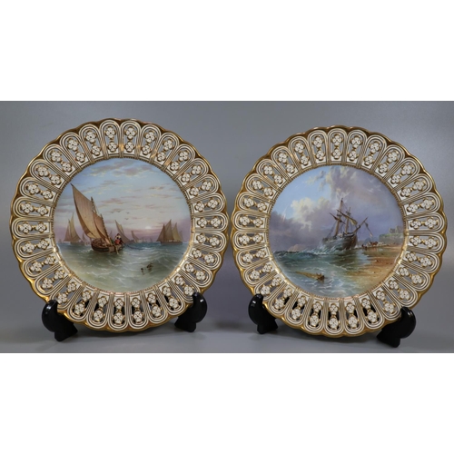 187 - Pair of 19th Century Minton hand painted cabinet plates with pierced floral and gilded borders, enti... 