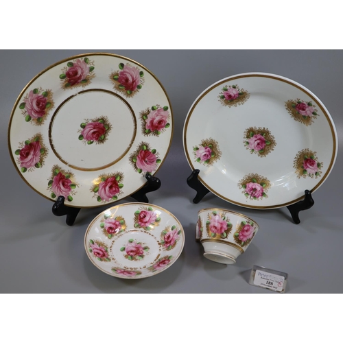 188 - Collection of 19th Century Swansea porcelain rose design items to include: teacup and saucer, desser... 