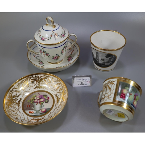 191 - Collection of 19th Century Derby porcelain items to include: two handled chocolate lidded cup on sta... 