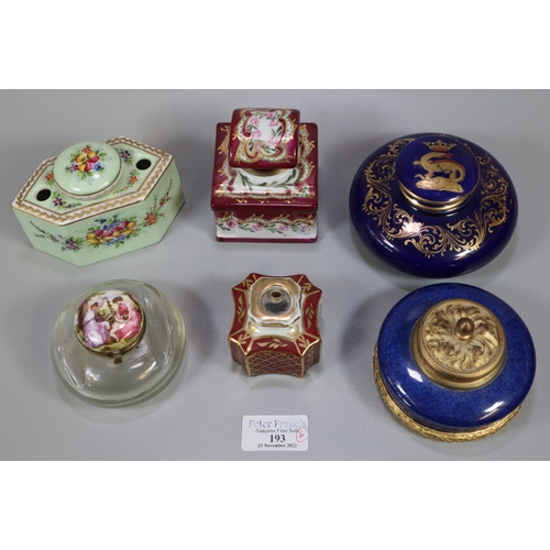 193 - A collection of continental porcelain and glass inkwells to include: Limoges etc, decorated with mai... 