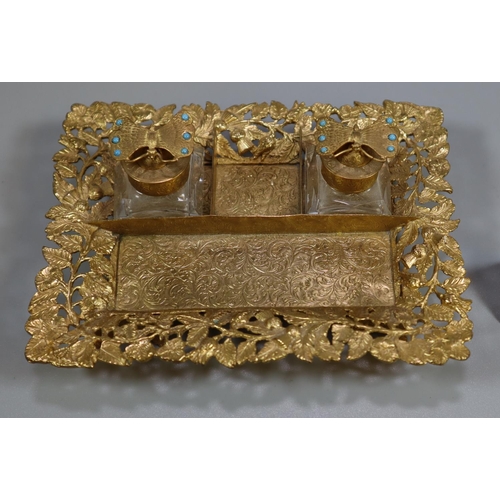 196 - French gilt metal desk inkwell set, the base with chased floral and foliate decoration, three sectio... 