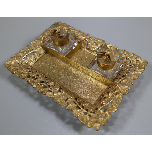 196 - French gilt metal desk inkwell set, the base with chased floral and foliate decoration, three sectio... 