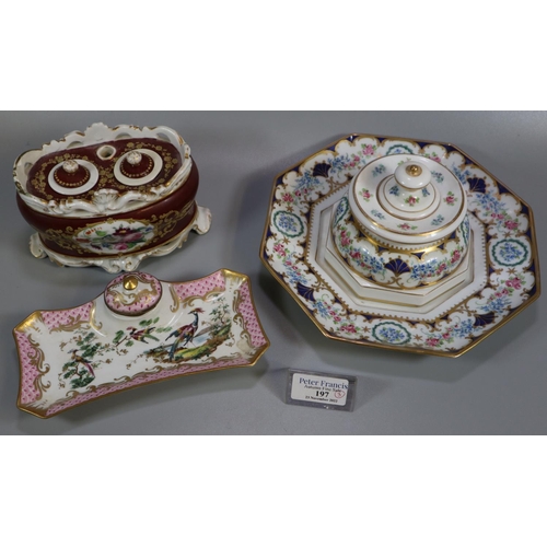 197 - Three continental porcelain single and double inkwells to include: Limoges, Dresden and another, wit... 