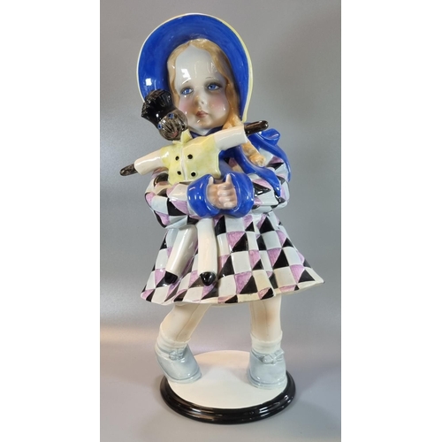 205 - Large Art Deco Lenci ceramic figure, modelled as a girl wearing a bonnet hat with chequered dress, h...