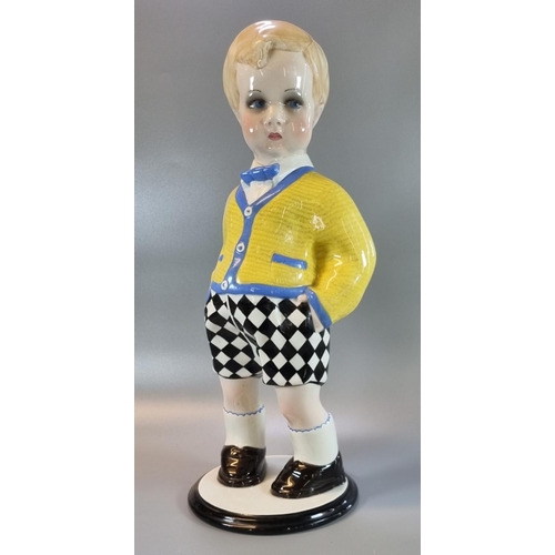 206 - Large Art Deco Lenci ceramic figure of a boy, designed by Sandro Vacchetti, wearing a yellow and blu... 