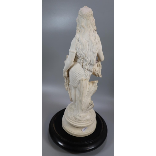 208 - Simulated Parian Ware figure, 'America' with glass dome on ebonized circular base.  40cm high approx... 