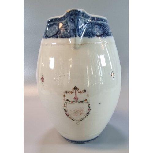 212 - Late 18th/early 19th century Chinese export porcelain Famille Rose decorated barrel shaped jug with ... 