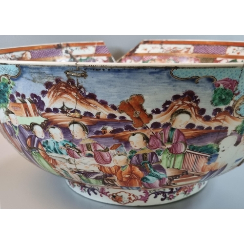 215 - Large Chinese porcelain 18th century Punch Bowl, decorated all over with cartouches of family scenes... 