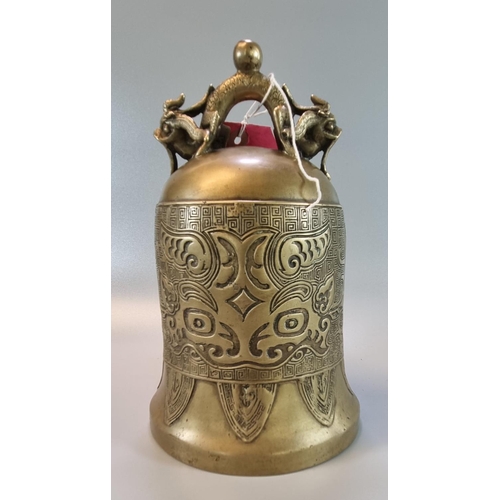 217 - Chinese bronze or brass temple bell, the suspension formed as a pair of entwined dragons, overall wi... 