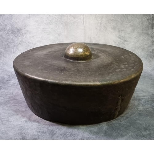 222 - Cast bronze Chinese style temple gong with a prominent central boss and deep sides.  Diameter 35cm h... 