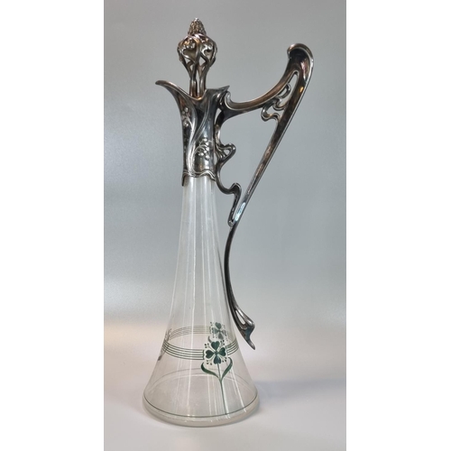 234 - Art Nouveau WMF pewter and glass claret jug and stopper, impressed mark 'WMF' to the base of the han... 