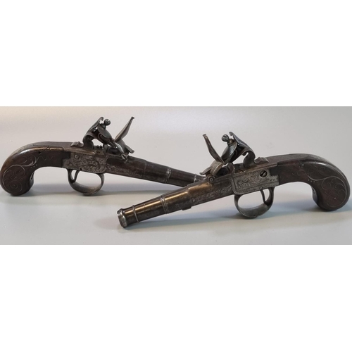 244 - Pair of late 18th Century muzzle loading flintlock cannon barrelled pocket pistols, having 6.5cm tur... 