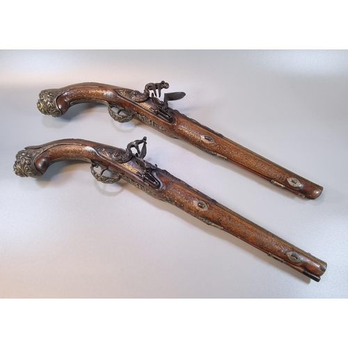 246 - Pair of 18th/19th Century Turkish/Ottoman flintlock muzzle loading pistols, the barrels with gold in...
