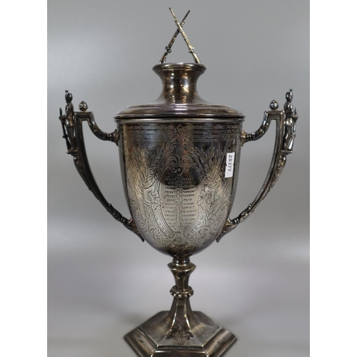 264 - Interesting 19th Century silver two handled lidded shooting trophy cup 'Leith Battalion Rifle Associ... 