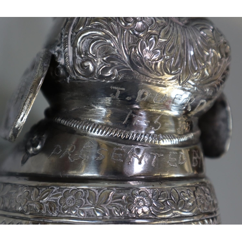 267 - Unusual, probably 19th century, Indian white metal caparisoned Indian elephant with headdress and fo... 