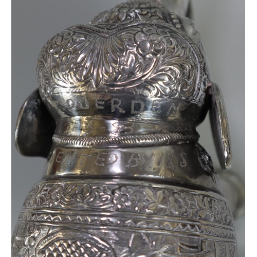 267 - Unusual, probably 19th century, Indian white metal caparisoned Indian elephant with headdress and fo... 