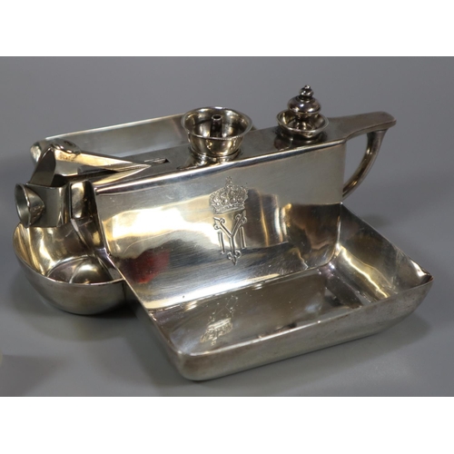 268 - Rare silver cigar cutter lighter table ashtray with crown crest, loop handles, of octagonal form, re... 