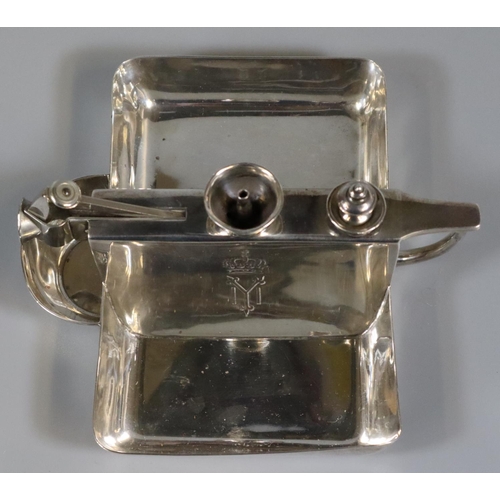 268 - Rare silver cigar cutter lighter table ashtray with crown crest, loop handles, of octagonal form, re... 