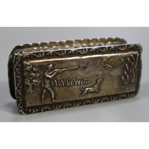 269 - 19th Century silver repousse decorated sporting snuff box of rectangular form, decorated with a shoo... 