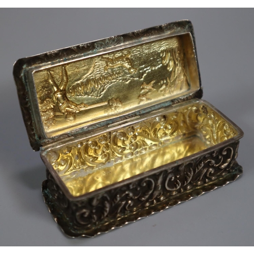 269 - 19th Century silver repousse decorated sporting snuff box of rectangular form, decorated with a shoo... 