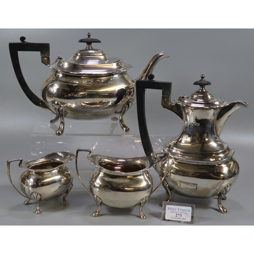 273 - Silver baluster shaped four piece tea and coffee set by Walker & Hall, Sheffield. Comprises; teapot,... 