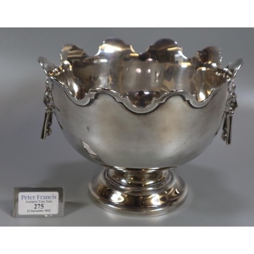 275 - Early 20th Century small silver Monteith pedestal bowl with lion mask ring handles and circular base... 