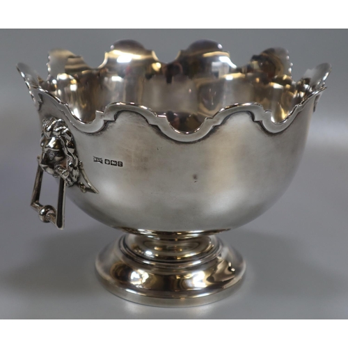 275 - Early 20th Century small silver Monteith pedestal bowl with lion mask ring handles and circular base... 