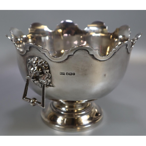 275 - Early 20th Century small silver Monteith pedestal bowl with lion mask ring handles and circular base... 