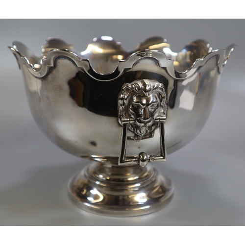 275 - Early 20th Century small silver Monteith pedestal bowl with lion mask ring handles and circular base... 