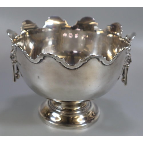 275 - Early 20th Century small silver Monteith pedestal bowl with lion mask ring handles and circular base... 