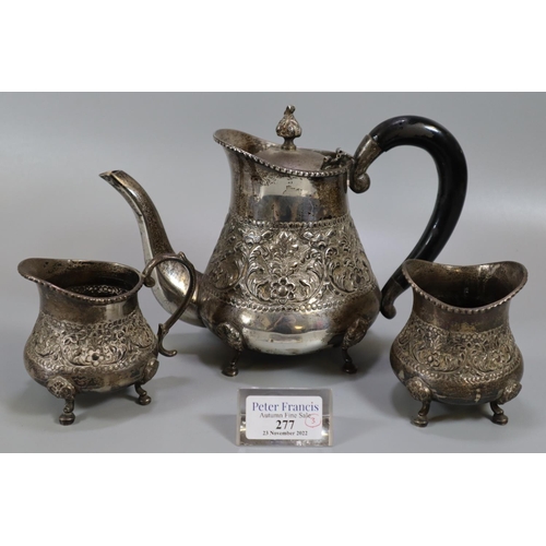 277 - White metal, probably Indian silver, three piece baluster shaped bachelor's teaset. The individual p... 