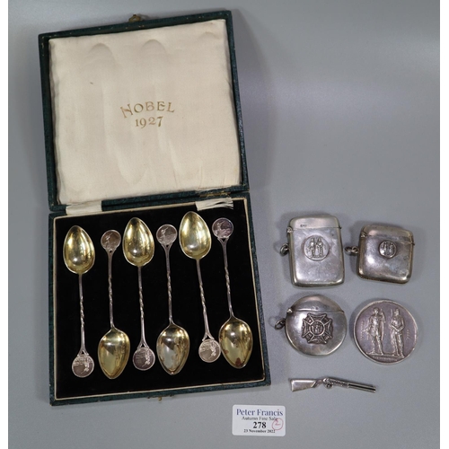 278 - A collection of silver shooting prizes to include: a set of six gilded coffee spoons with shooting t... 