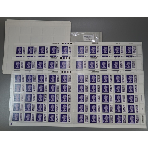 299 - Great Britain New Barcoded First Class stamps, 10 sheets of 50 stamps, from the Royal Mail stamp swa... 