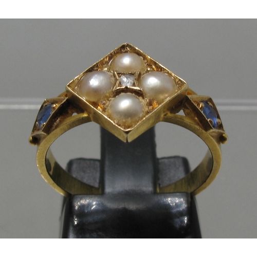 361 - Victorian pearl and diamond ring with sapphire shoulders.  Ring size M&1.2.  Approx weight 4 grams.
... 