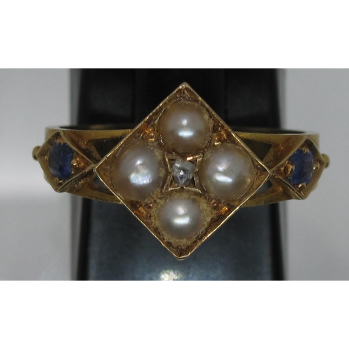 361 - Victorian pearl and diamond ring with sapphire shoulders.  Ring size M&1.2.  Approx weight 4 grams.
... 