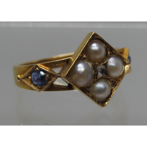 361 - Victorian pearl and diamond ring with sapphire shoulders.  Ring size M&1.2.  Approx weight 4 grams.
... 