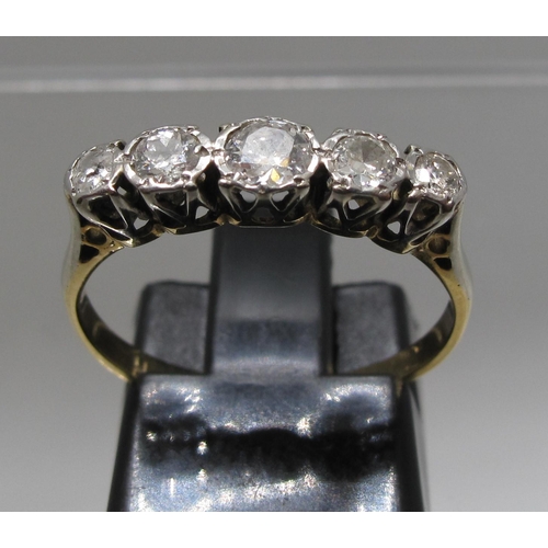 365 - 18ct gold five stone diamond ring.  Ring size L & 1/2.  Approx weight 2 grams.
(B.P. 21% + VAT)