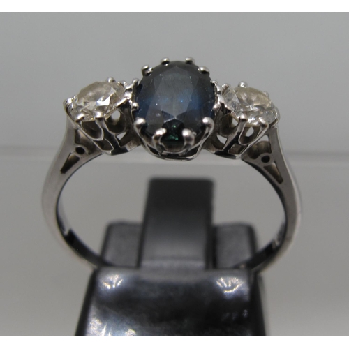 366 - Three stone diamond and sapphire ring.  Ring size N. Approx weight 2.5 grams.
(B.P. 21% + VAT)