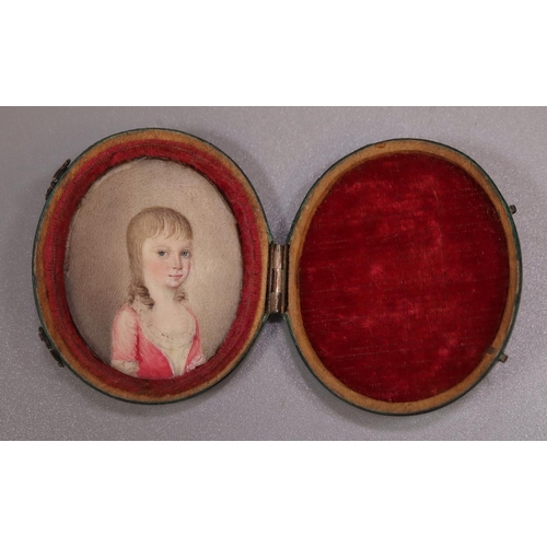 411 - 18th/early 19th century British School, portrait miniature of a young girl, shagreen hinged case. 3.... 