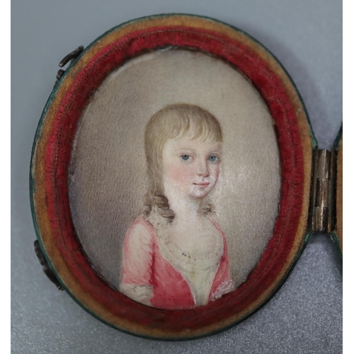 411 - 18th/early 19th century British School, portrait miniature of a young girl, shagreen hinged case. 3.... 