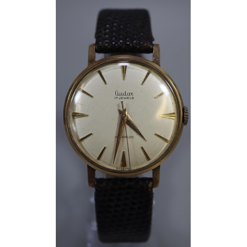 417 - Audax seventeen jewel 9ct gold gentleman's wristwatch with satin face having baton numerals, and sec... 