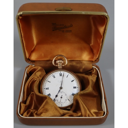 419 - 9ct gold open faced keyless lever pocket watch having white enamel face with Roman numerals and seco... 