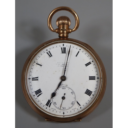 419 - 9ct gold open faced keyless lever pocket watch having white enamel face with Roman numerals and seco... 