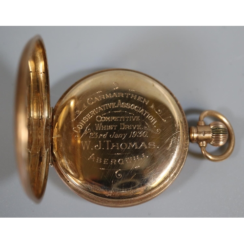 419 - 9ct gold open faced keyless lever pocket watch having white enamel face with Roman numerals and seco... 