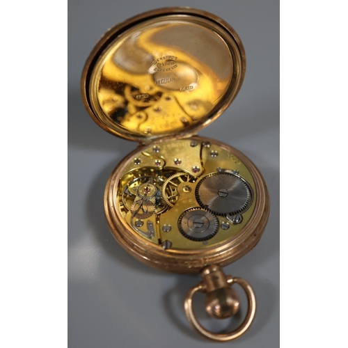 419 - 9ct gold open faced keyless lever pocket watch having white enamel face with Roman numerals and seco... 