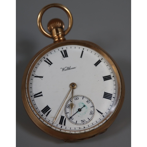 420 - Waltham 9ct gold keyless lever open faced pocket watch with white enamel face having Roman numerals ... 