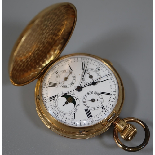 421 - 18ct gold chiming repeating hunter keyless chronograph pocket watch with white enamel face having Ro...